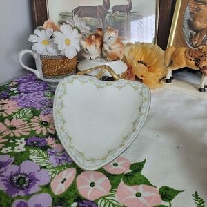 Vintage Heart-Shaped Floral Trinket Dish With Gold France